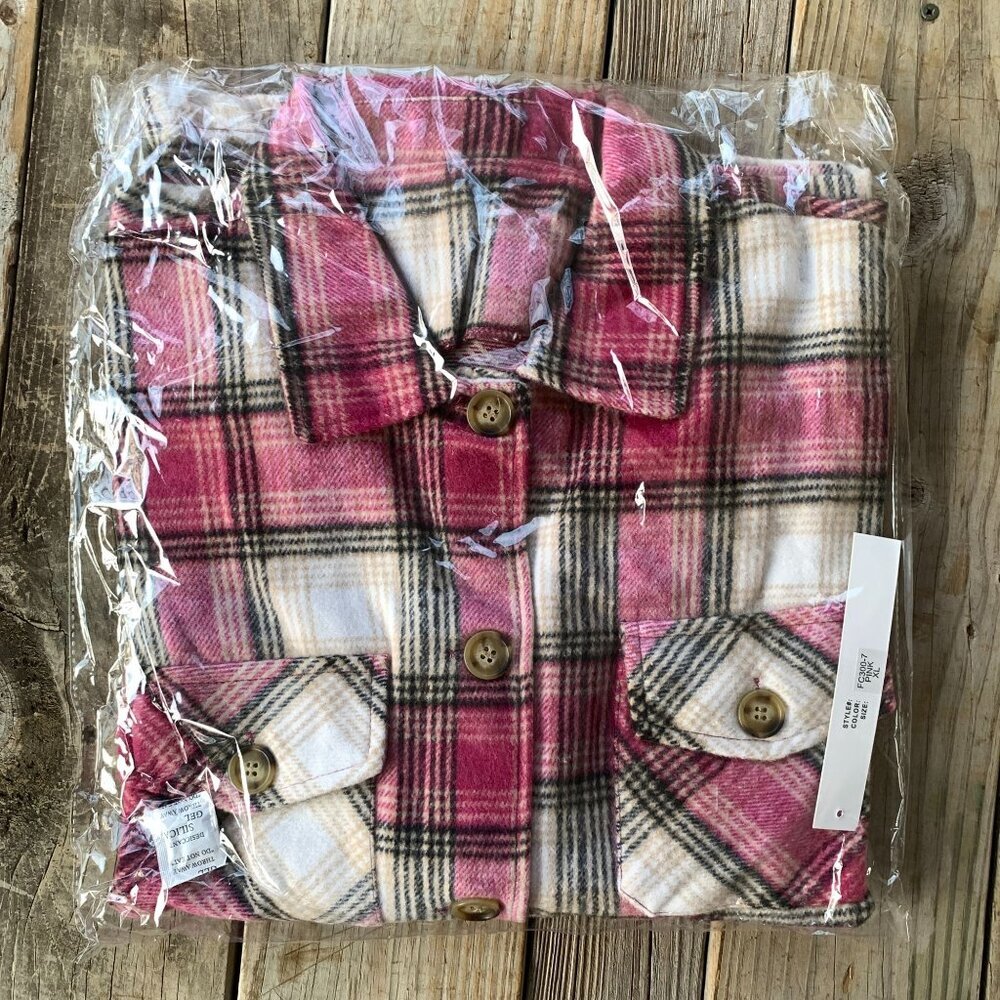 Soft Knit Oversized Button Down 4 Pocket Shacket Plaid Flannel Pink - Picture 7 of 7